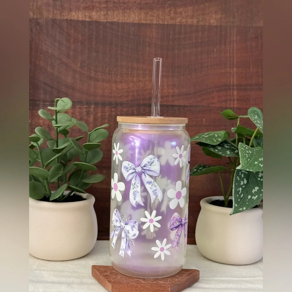 Purple Bows and Daisies Coquette Iridescent Glass Can with Pink Glass Cup - Picture 8 of 12